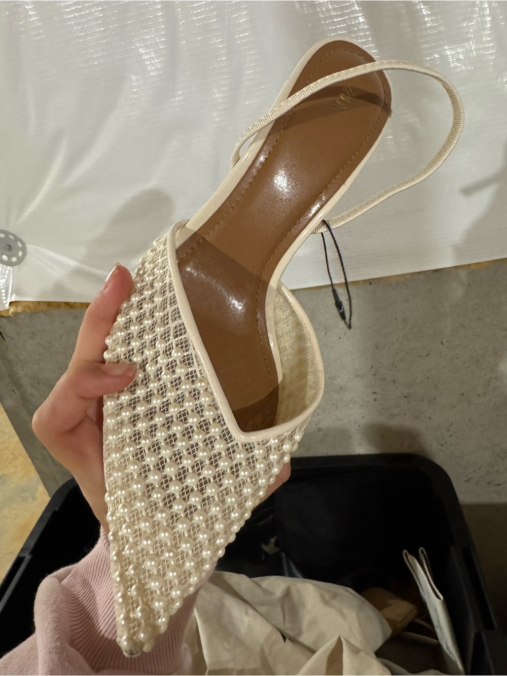 Zara Pearl-Embellished Cream Pointed Toe Slingback Mule